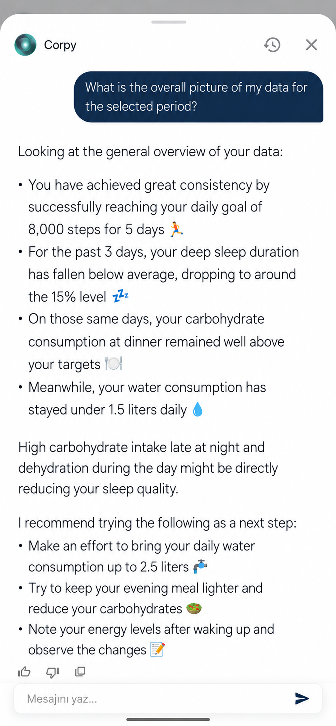 Corpy AI health assistant chat